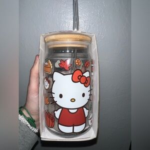 Hello Kitty fall pumpkin tumbler clear glass cup with straw